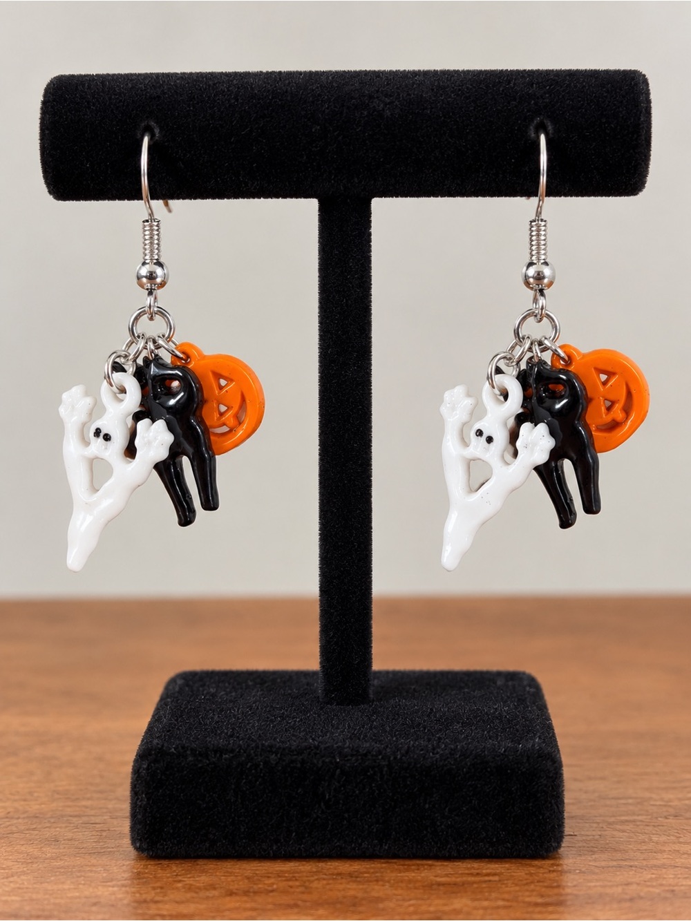 Vintage Avon Halloween Ghost, Black Cat & Orange Pumpkin Dangle Earrings